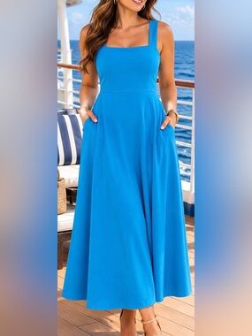 OYS~ Elegant Blue Women’s A-Line Dress with Pockets. XL